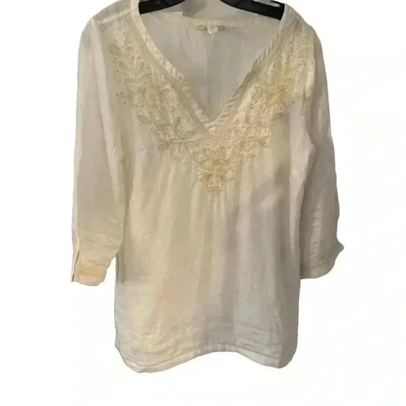 Charter Club Luxury linen ivory embroidered V-Neck 3/4 sleeve size medium - Picture 1 of 11